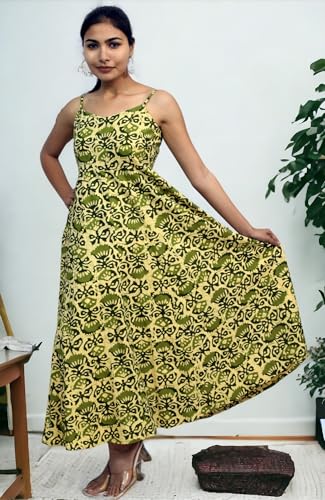 Image of JAIPUR HAND BLOCK Cotton Sleeveless Long Flared A Line Dress|Gown (S00063)
