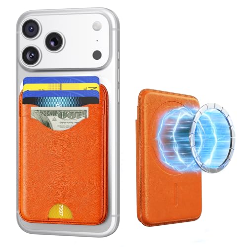 Image of Magsafe Wallet Magnetic Card Holder, Orange | Strong RFID, Leather Card Pocket, Compatible with iPhone 12 /13 /14 /15 /16 /17 Series, Not for mini