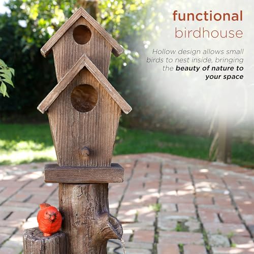 Alpine Corporation WCT1002 35" Tall Outdoor 3-Tier Birdhouse Water Fountain with Cardinal Accent, Rustic Floor Decor for Garden and Patio, Brown - Thumbnail 6