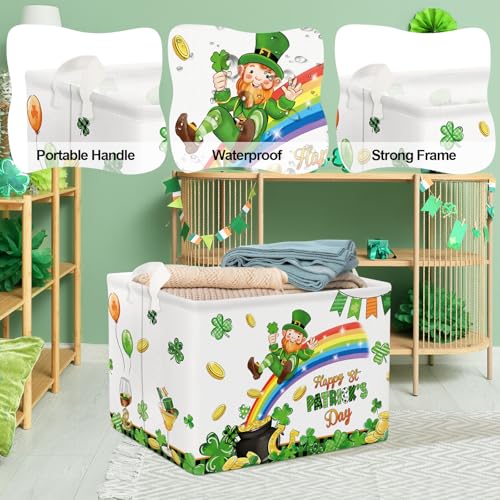 Image of Clastyle Lucky Clovers Saint Patrick's Day Baby Gift Basket Collapsible Rectangle Gold Coin Kid Toy Storage Box Rainbow Plaid Clothes Book Shelf Basket, 36L White