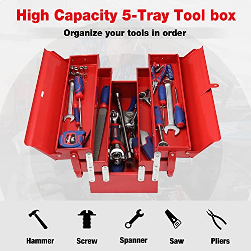 Image of WORKPRO Metal Tool Box, 18-inch Cantilever Folding Red Storage Box, 3-Layer 5-Tray Multi-Function Tool Organizer, Red