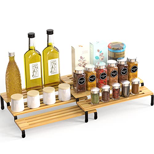 Lot de 2 étagères à épices extensibles à 3 niveaux, en bambou, empilables, pour armoires de cuisine, garde-manger, naturel et noir Cover
