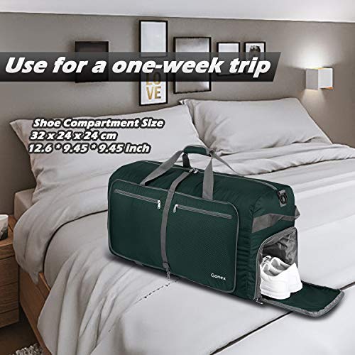 Gonex 100L Foldable Travel Duffle Bag, Extra Large Luggage Duffel with shoes compartment Blackish green