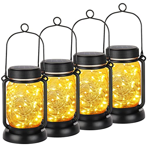 Mlambert 4 Pack Solar Hanging Lantern with Stakes, Outdoor Waterproof Solar Mason Jar Fairy String Lights Decorative Vintage Glass Lamp-Warm White by Mlambert - Used condition - US$25.28