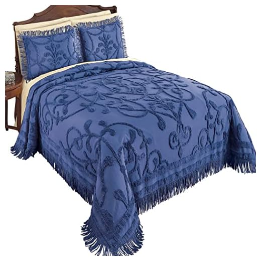 Collections Etc Leaf Scroll Chenille Fringe Border Bedspread Midnight Blue Queen