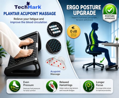 Image of TechHark Adjustable Footrest with Massage Surface, Ergonomic Design for Office and Home Under Desk Foot Rest, Height Adjustable, Black(6-Month Warranty)
