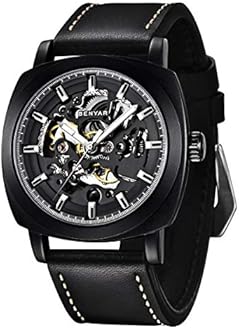 Benyar Automatic Watches for Men | Skeleton Mechanical Leather Strap Mens Watch | 45mm Dial | 30M Waterproof | Men's Stylish Gift