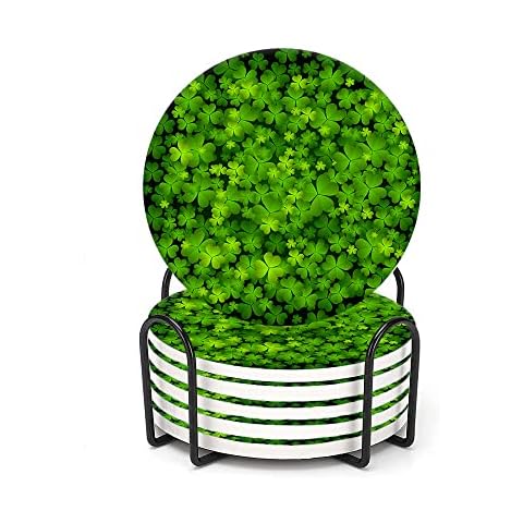 LOKMU Coasters for Drinks,Round Absorbent Ceramic Stone Coaster Sets of 6 with Metal Holder Stand,Shadowed Irish Shamrocks Coasters with Cork Base for Coffee Wooden Table,Housewarming Gifts Cover