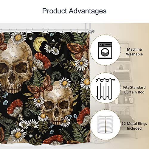 Ambzek Sugar Skull Shower Curtain Mushroom Floral 60Wx72L Inch Gothic Halloween Bathroom Decor Set Goth Skeleton Spooky Men Butterfly Daisy Vintage Artwork Cloth Fabric Bath Accessories 12 Pack Hooks #TOP2