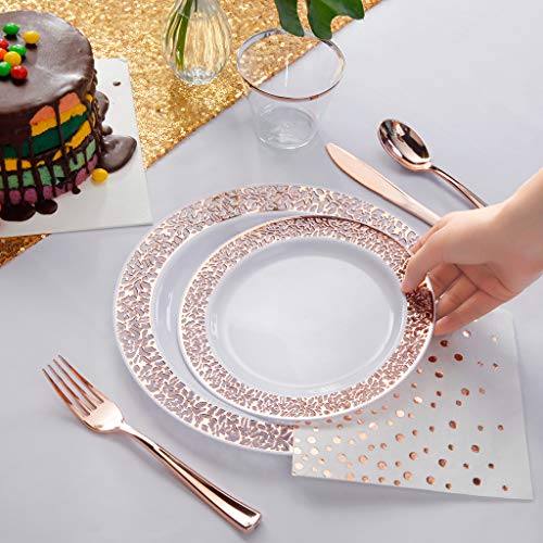 Nervure 175Pcs Rose Gold Plastic Plates - Disposable Plates For 25 Dinner Plates, 25 Dessert Plates, 25Forks, 25Knives, 25Spoons, 25Cups, 25Napkins For Wedding & Party #TOP2