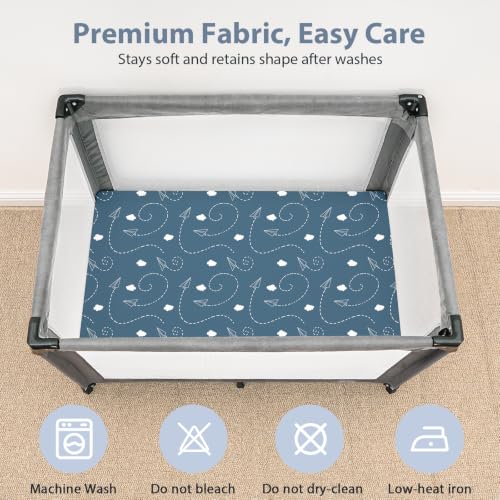 Image of Baby Mini Crib Sheets Boy, Portable 38 inchx26 inch Pack and Play Sheets Fitted for Playard and Pack N Play Mattress, 3-Pack Soft Microfiber Blue Brown Stamp
