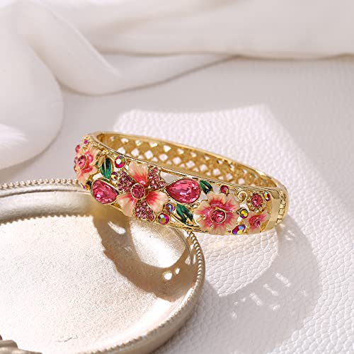 EleQueen Women's Gold-Tone Austrian Crystal Enamel Flower Leaf Bangle Bracelets3