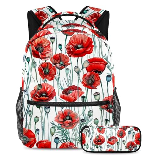 Sac d'école coquelicots rouges grand sac à dos fille et trousse scolaire Large