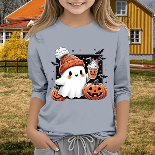 2025 Halloween Shirts for Teen Girls Cute Ghost Pumpkin Graphic Tee Kids 3/4 Sleeve Crewneck Top Casual Cotton Summer Clothes4