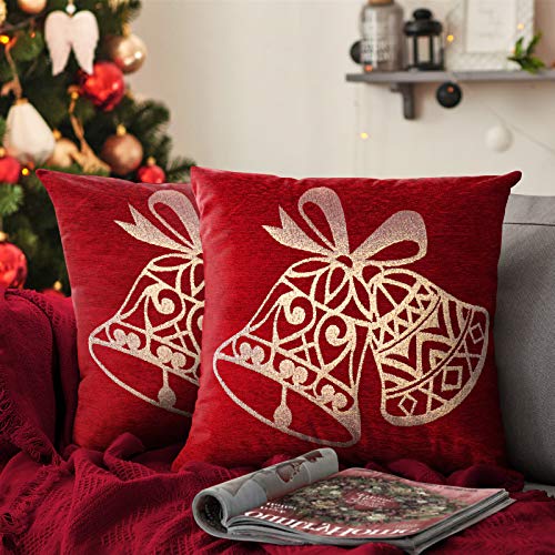 Image of Pack of 2 Filled Cushions Christmas Soft Cotton Chenille Scatter Decorative Cushion Xmas Festive Scatter Cushions Nordic Santa Reindeer Stag Snowman (Merry Bells Red, Large 56x56cms Filled)
