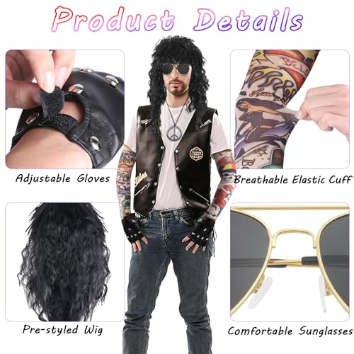 8 Pcs Rockstar Fancy Dress, Glam 80s 90s Men Costume Outfit with Heavy Metal Wigs Vintage Headband Sunglasses Gloves Tattoo Sleeves Necklaces Rock Hard Rocker Accessories World Book Day Costumes - Image 2