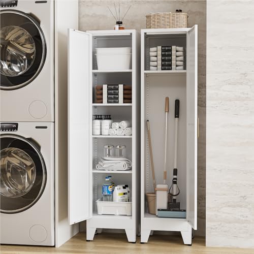 Image of 67 inch Tall Storage Cabinet with Reversible Doors and Adjustable Shelves,Metal Slim Freestanding Cabinet for Bathroom Kitchen Garage Small Spaces,White1 Pack