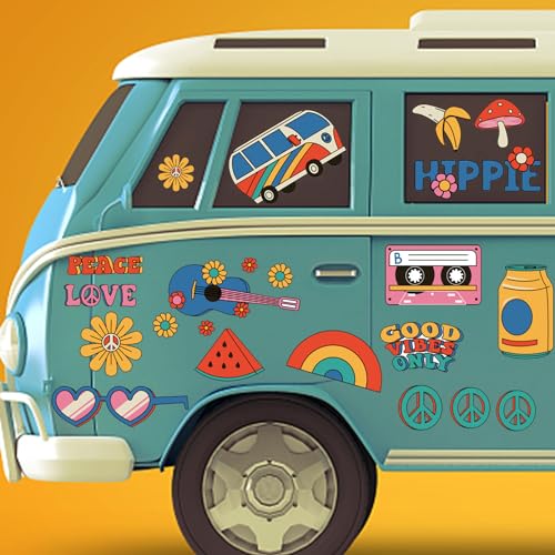 Qpout 60's 70's Hippie Theme Car Stickers Autocollants Groovy Flowers Daisy Peace and Love Vinyl Décalcomanies Fleurs Rétro Colorées Hippie Window Clings...