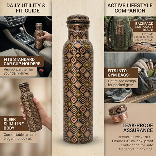Image of VIRGIN Foodgrade 99.9% Pure Copper Water Bottle- Leakproof, Joint Free, No Lead, BPA-Free - Ayurvedic Health Benefits- Made in India - Traditional Boho Print (950 mL)