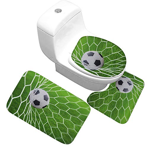 Badteppich Set,Badematten Teppich-Set 3-Teilig Grünes Rasenfußballnetz 3D-Druck rutschfeste Badematten Weiche Mikrofaser…