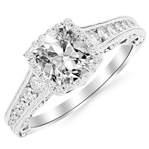 GIA Certified 1.45 Carat Cushion-Cut 14K White Gold Vintage Sidestone Diamond Engagement Ring with Milagrain half Bezel Baguette with a 0.70 Carat, D-E Color, VVS1-VVS2 Clarity Center Stone