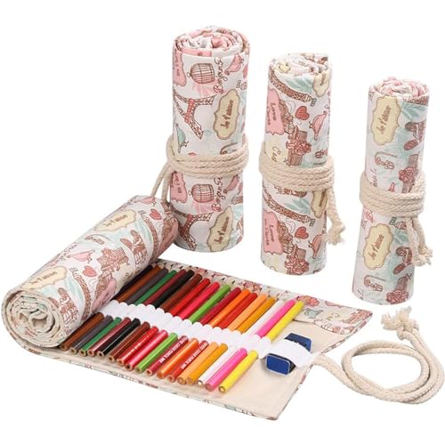 DIYOMR 12/24/36/72 Slots Pencil Wrap Pencil Rolls, Artist Colored Pencils Roll Up Bag Short Brushes Pouch Case Pencils Organizer for Drawing Coloring and Sketching, No Pencils (Paris Tower, 12slots)