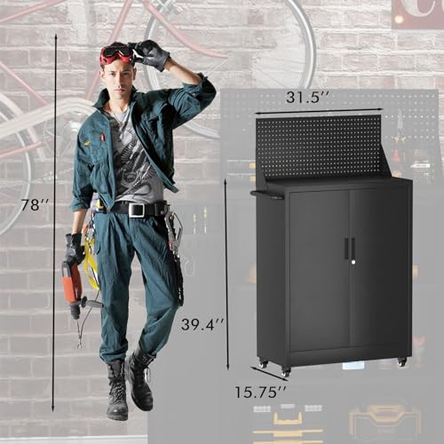 Upgraded 43" Metal Rolling Storage Cabinet for Garage Tools, Multifunctional Garage Storage Cabinet with 4 Lockable Wheels, 2 Adjustable Shelves, Pegboard, and Hooks for Office,Home,Garage | Dark Gray