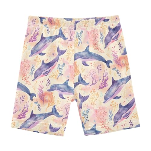 Light Pink Dolphin Pattern Girls Shorts Elastic Waist Sports Shorts Girls Leggings Pants for 4-10 Years