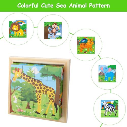 KQDRAVINE Würfelpuzzle Holz, Holzpuzzle 3D,Würfelpuzzle Puzzlespiele 6 in 1 Tier-Motive für Kinder,Montessori Spielzeug,lernendes pädagogisches Holzpuzzle-Spielzeug,Holzspielzeug ab 3 4 5 Jahren
