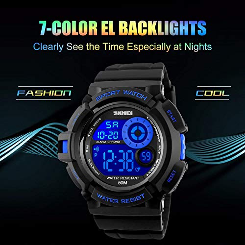 LYMFHCH Mens Sport Running Watch, Digital Electronic 50M Waterproof Military Army Sports LED Wristwatch Water Resistant with Stopwatch Unique Dial 7 Color Changeable Backlight - Blue - Image 4
