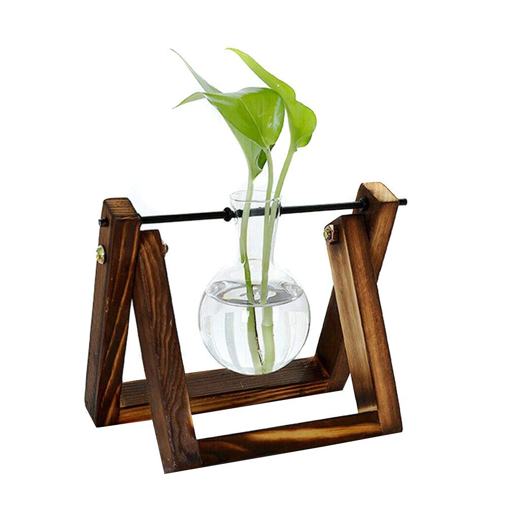 VALINK Hydroponic Plants Bulb Vase with Vintage Wooden Stand Tray &Metal Swivel Rod, Tabletop Desk Decor Bulb Vase Holder, Hydroponic Planter Pots Glass Flower Vases for Home Decoration