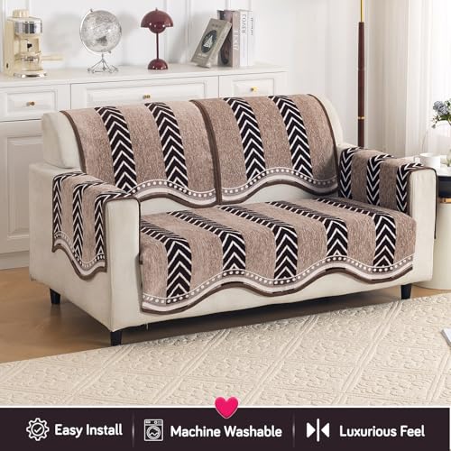 Image of HOKIPO Complete (Seat+Back+Arm) Sofa Mat Set for 2 Seater Sofa |Premium Chenille Sofa Covers with Curve Edges, 'Serene Curves Series' - Nomad Chevron (IN-995+1002+1001 * 2 - D5)