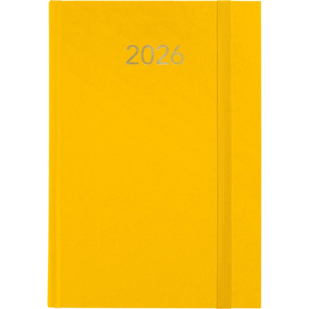 Grafoplas - 2026 Florence Day Page Annual Diary, Yellow, 14.5 x 21 cm, Vinyl Padded Covers, Vertical Closure Rubber, Reading Point, Annual, Perfect for Office Organization
