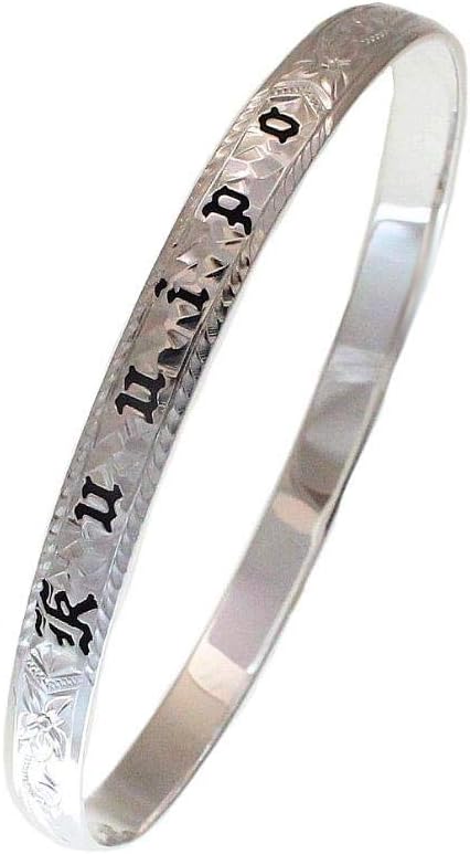 Arthur's Jewelry 925 Sterling Silver Hawaiian Scroll Plumeria Flower Black Enamel Kuuipo Smooth Edge 6mm Bangle Size 7-9