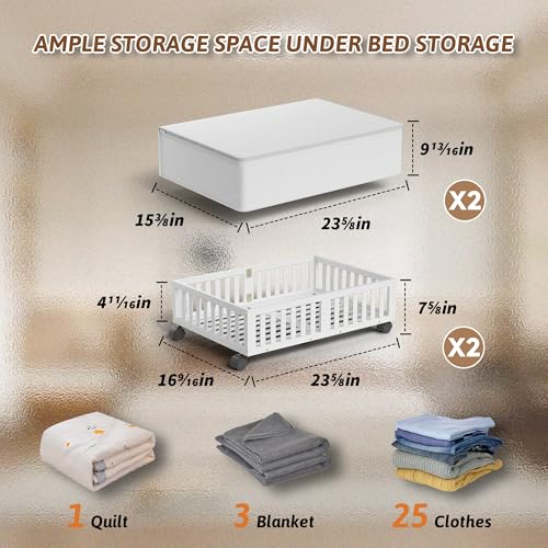 Bamboo Under Bed Storage Containers with Wheels, 2 Pack Under the Bed Shoe Storage Bins, Wood Rolling Underbed Drawers Organizer for Bedroom, Closet, Clothes Blanket Comforter and Under Crib Toy White thumbnail 2