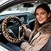 Brown Leopard Print Fuzzy Steering Wheel Cover for Women, Universal Auto Steering Wheel 14-15 Inch Soft Warm Car Interior Accessories with 2PCS Car Coasters, Suitable for Men and Women