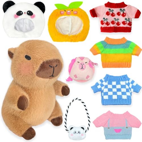 Kireidane Capybara Plush with 9 pcs Clothes & Accessories, 10.2 in Cute Capybara Stuffed Animal Plush Toys, Dress Up Cute Plushies for Girls/Boys (Black)