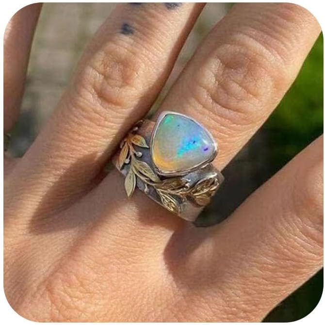 Vintage Moonstone Ring S925 Sterling Silver Diamond Ring for Women 18K White Gold Vintage Celtic Knot Rainbow Stone Rings Size 7