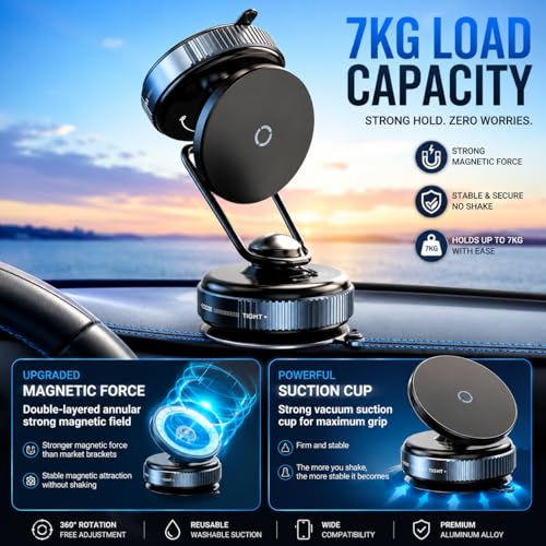 Image of Vacuum Magnetic Phone Mount for Car Dashboard | Universal 360 Degree Rotating Metallic Mobile Holder with Tightening Ring System for Secure Stability