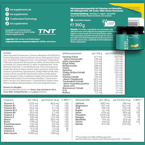 TNT Multivitamin Pulver mit 24 Vitaminen & Mineralien (360g) • Vitamin Komplex mit Grüntee Extrakt, Spirulina & Coenzym Q10 • Micronutrients (Mild Lemon)
