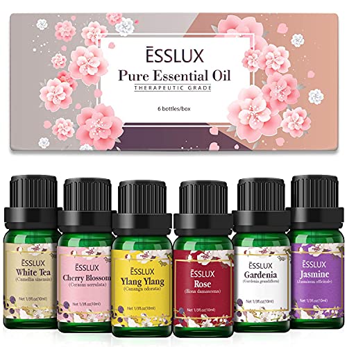 Essential Oils, ESSLUX Floral Aromatherapy Oils Gift Set, Rose, Jasmine, Ylang Ylang, Cherry Blossom, White Tea, Gardenia, Pure Essential Oils for Diffuser, Massage, Soap & Candles Making, 6x10ml