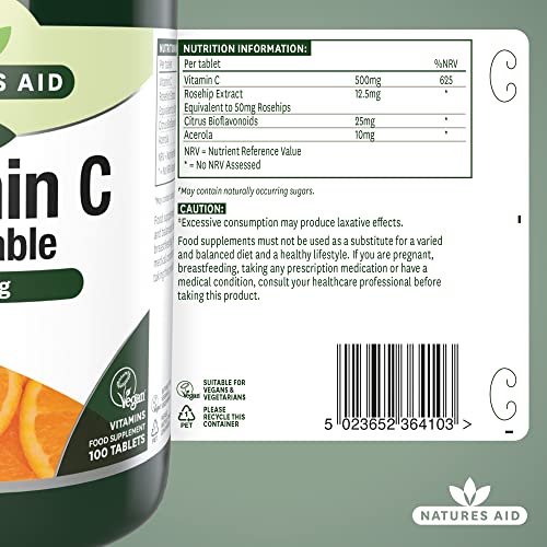 Natures Aid 500Mg Vitamin C Sugar Free Chewable With Rosehips And Citrus Bioflavonoids Tablets - Pack Of 100 Tablets #TOP5