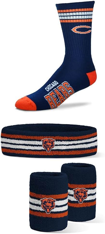 For Bare Feet Chicago Bears Fan Bundle NFL Youth 4-Stripe Deuce Crew Socks + Official Headband & Wristband Combo Pack (Youth OSFM)