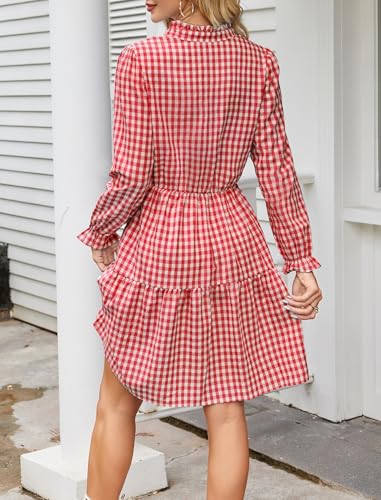 Image of Theenkoln Womens Casual Midi Dress: Short Sleeve V-Neck Empire Waist Gingham Spring Fashion Long Trendy Tiered Formal Dresses