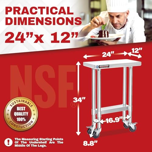 Image of DuraSteel 24x12 NSF Stainless Steel Cart Work Table - Heavy Duty Rolling Food Prep Table - Metal Utility Cart on Wheels Caster, Grill Stand Microwave Outdoor Kitchen Tables Countertop Island Top Vevor