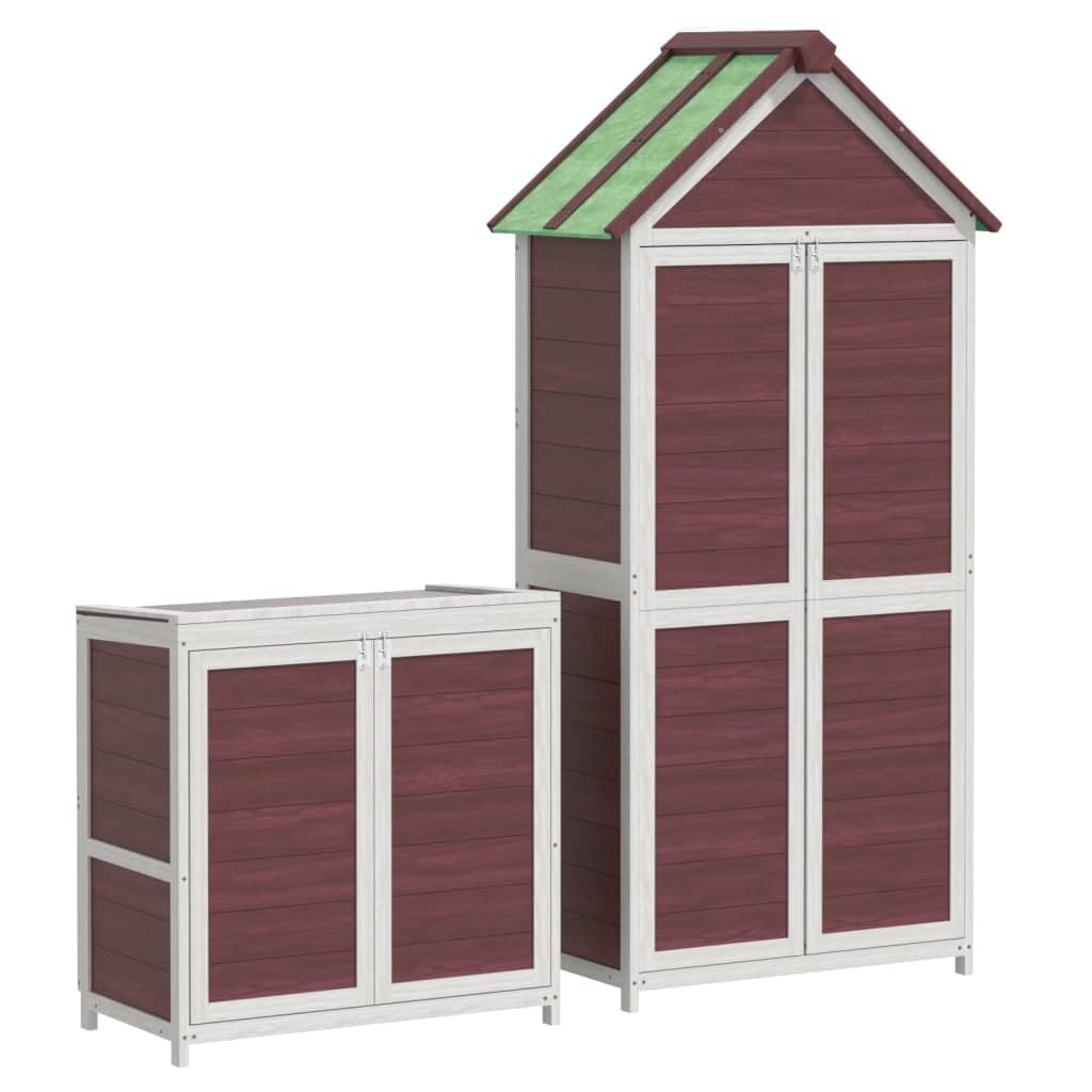 Juego de 2 cobertizos de madera maciza de pino moca para herramientas de jardín con techo impermeable y soporte de pared, almacenamiento organizado para herramientas y herramientas de cuidado del