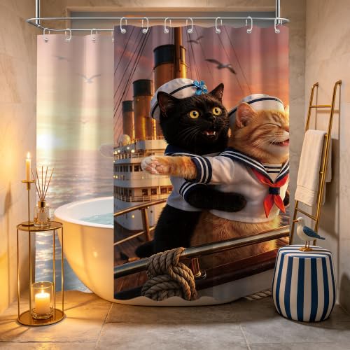 Image of Extra Long Shower Curtain Crazy Black Cat Clawfoot Tub, 108 x 72 in | for Extra Wide 108 Inchs Shower, Interesting Boys Design, Large XL Bathroom Decor Sets Waterproof Cloth Fabric, with Hooks