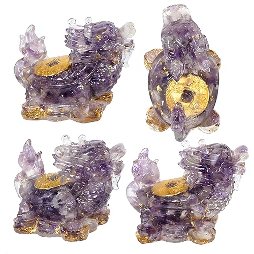 Nupuyai 2pcs Amethyst Crystal Stone Animal Statue Gold Coin Dragon Turtle Figure Set - Image 3