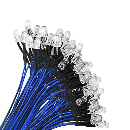 YIXISI 50 Piezas 5mm Ultra Brillante 12V Luces LED de Diodo Pre Cableado, LED Precableado Redonda Bulbo Lámpara Blanco Rojo Azul Verde Amarillo para DIY Coche Barco Juguetes Partes, Azul