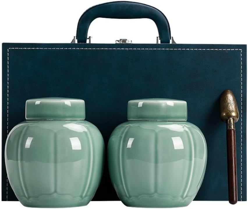 SONGCHAO Sugar Jar Loose Tea Storage Container Jar Ceramic Sealed with Spoon Set Double Gift Box Empty Tea Canister(B)